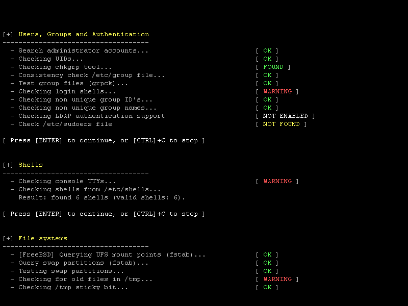 Example output of a security audit with Lynis Example screenshot of a Linux security scan with Lynis